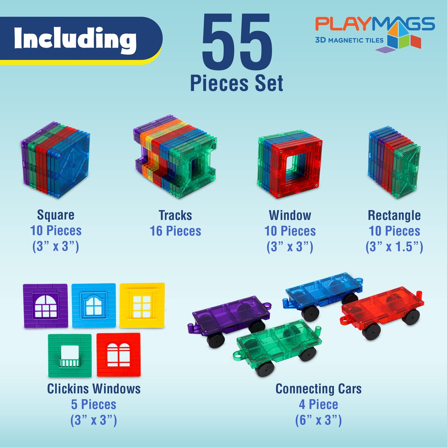 Playmags Magnetic Tiles Train Car Set for Kids - 55pcs Magnet Building Blocks Accessory Set with 4 Cars - Durable Creative STEM Learning Toys