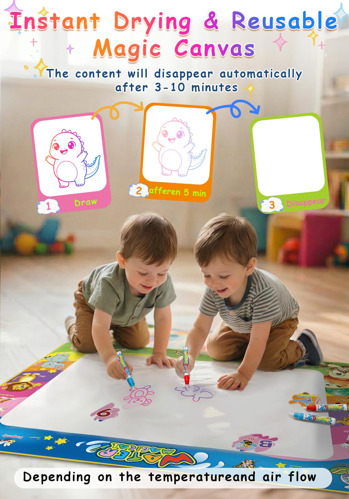 Wedopro Water Doodle Mat 40x30 - Mess-Free Toddler Toys for Ages 3-7 with 27 Pcs | Reusable Water Reveal Educational Drawing Mat for Kids with 24 ABC