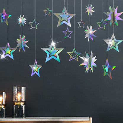 Cheerland Iridescent Star Party Decorations Holographic Hanging Stars Garlands Disco Dancing Queen Galaxy Space Birthday Decorations Twinkle Star