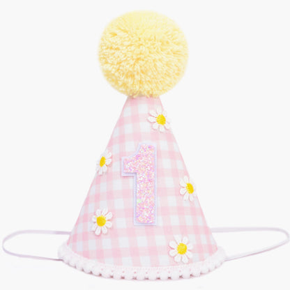 BASCT Daisy 1st Birthday Hat - Daisy First Birthday Decorations, Boho Daisy 1st Birth day Crown, Groovy One Bday Decor, Pink Plaid Groovy Daisy Bday