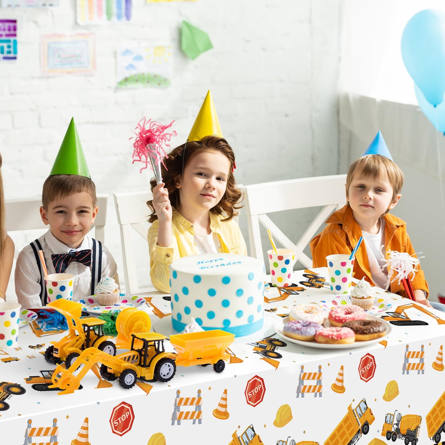 3-Piece 51 x 87 Inch Construction Plastic Tablecloth - Dump Truck and Traffic Sign Design, Disposable Rectangle Table Cover for Boys Birthday, Truck