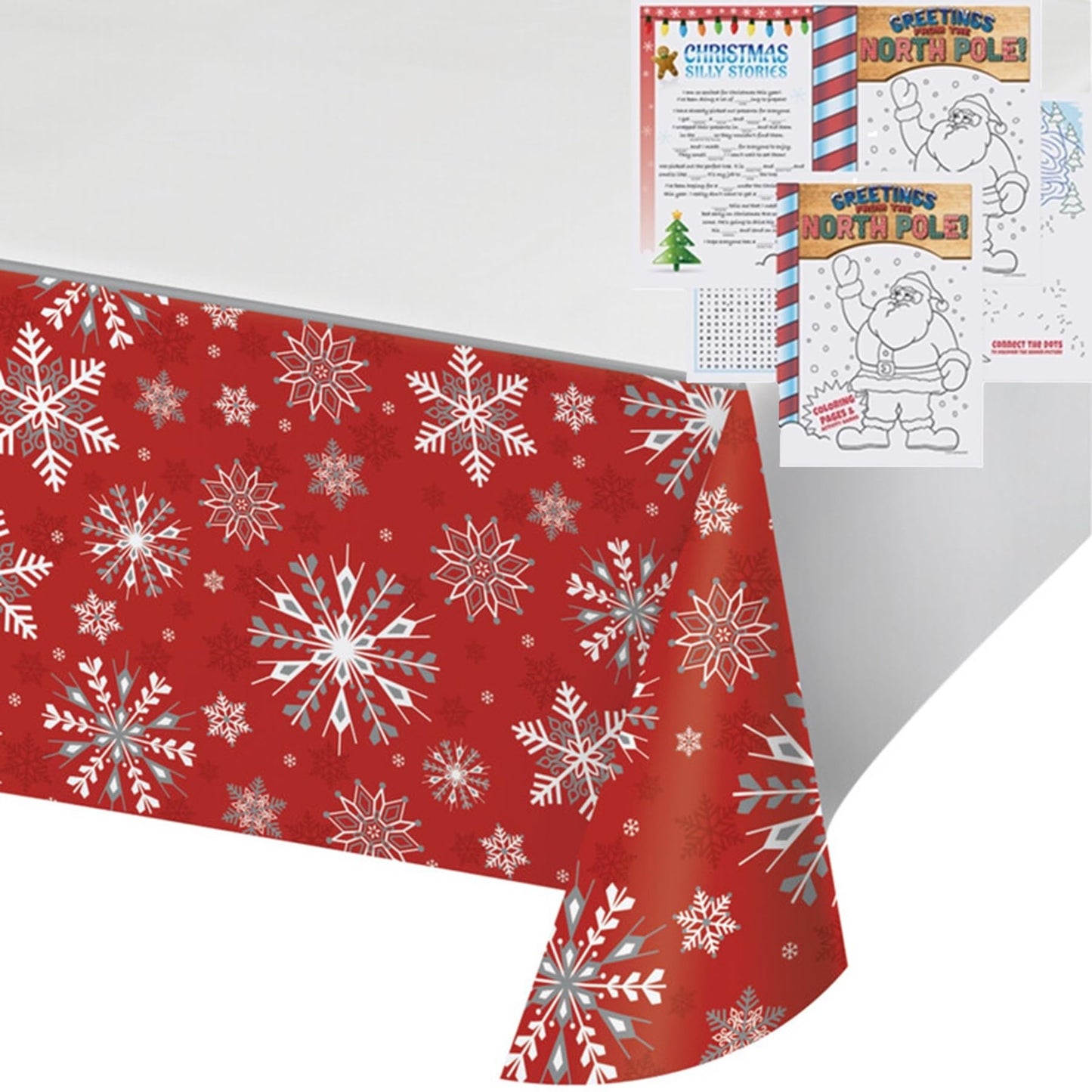 MT Nest 2 Red Winter Snowflake Disposable Tablecovers 54" L x 102" W with 6 Bonus Kid's Activity Christmas Booklets