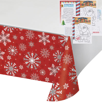 MT Nest 2 Red Winter Snowflake Disposable Tablecovers 54" L x 102" W with 6 Bonus Kid's Activity Christmas Booklets