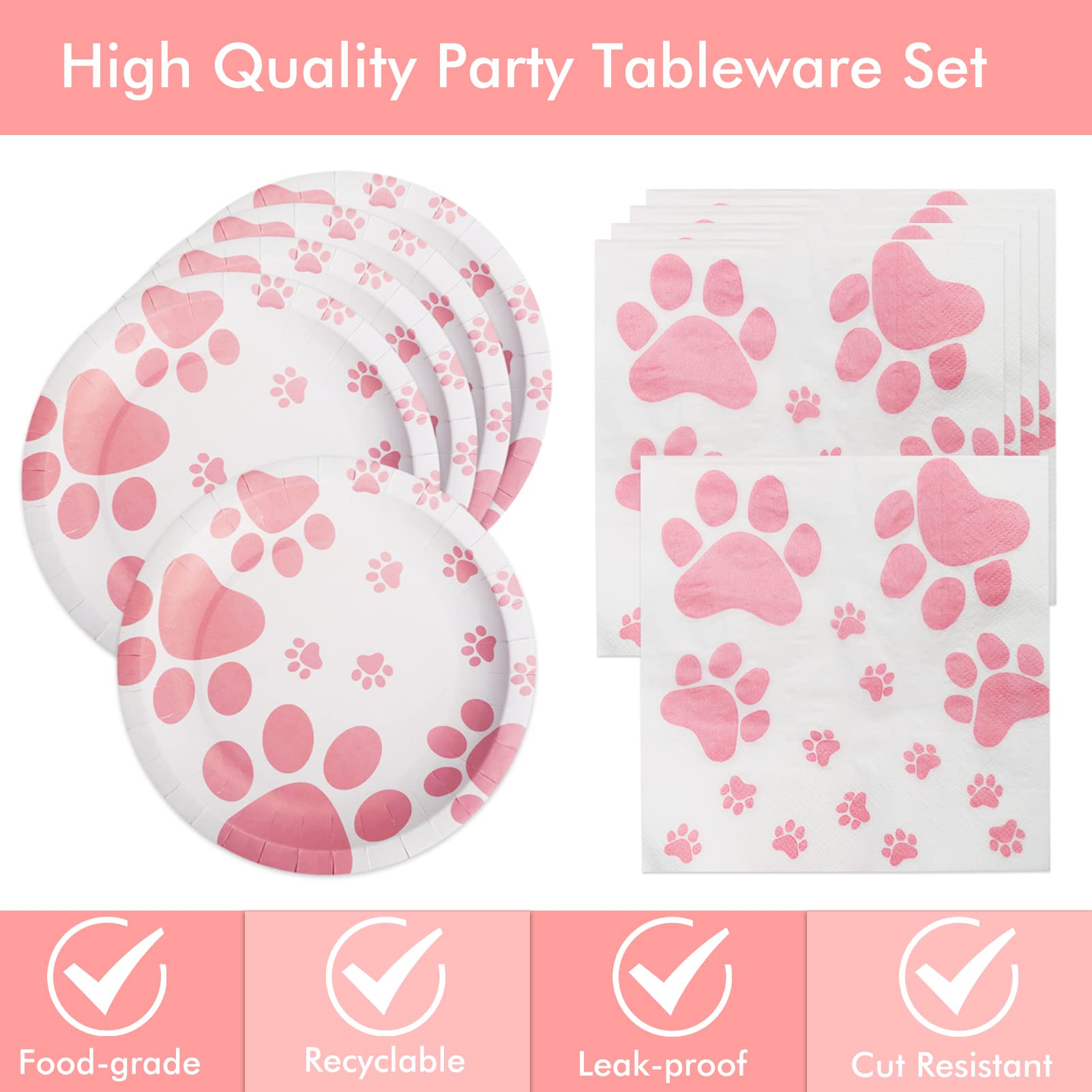 KHAIVI Dog Birthday Party Supplies,Paw Print Party Supplies,Paper Plates Napkins,Puppy Birthday Decorations for Kid