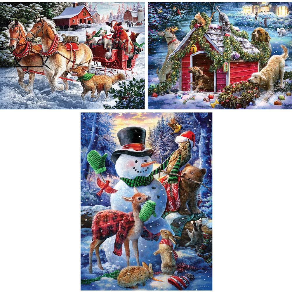 Bits and Pieces - Value Set of Three (3) 1000 Piece Jigsaw Puzzles for Adults - Each Puzzle Measures 20" X 27" - Winter Holiday Forest Animals Jigsaws