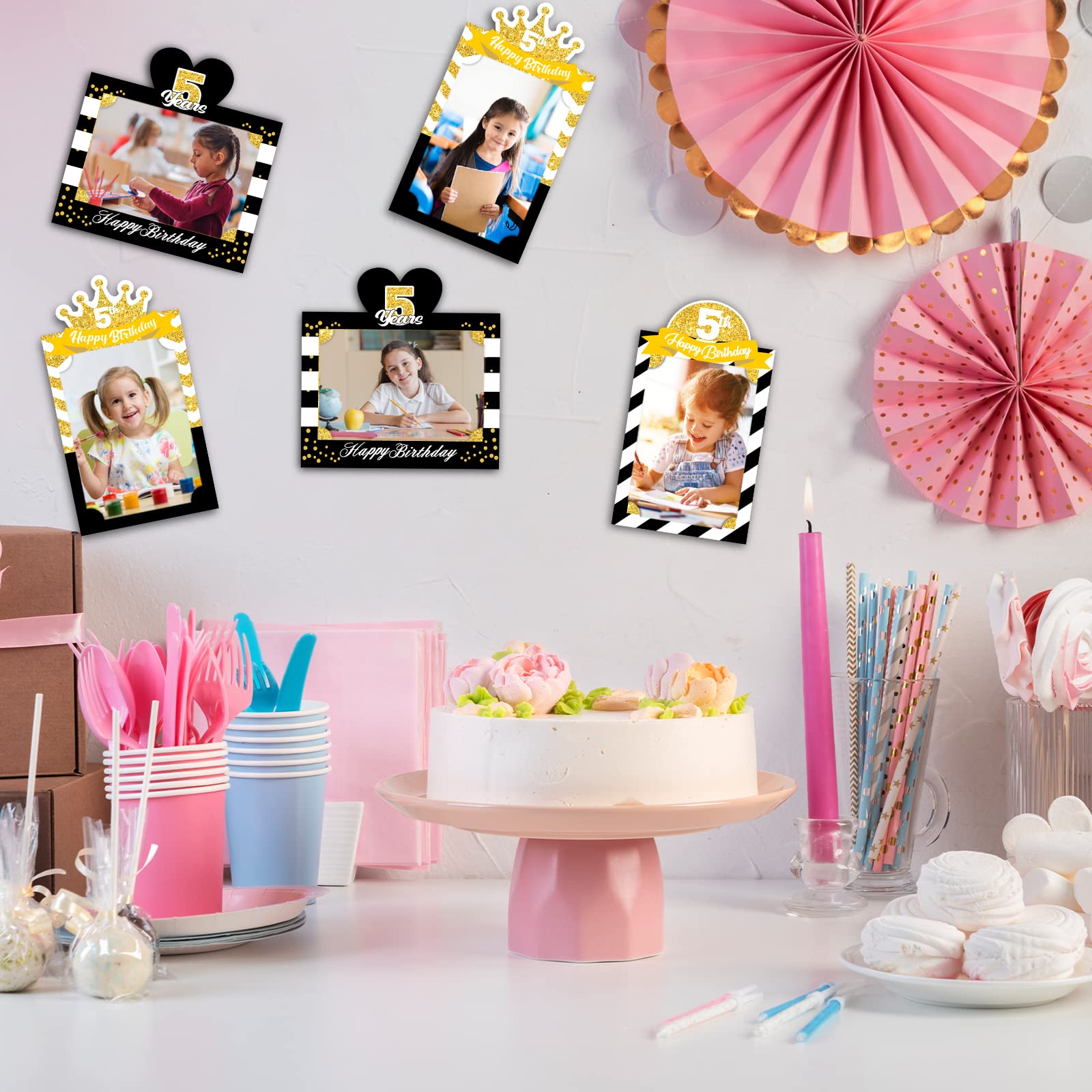 MEFENG 15Pcs 5th Birthday Picture Centerpiece Sticks - Black Gold - Photo Table Toppers for Kids - Happy 5 Years Old Party Supplies