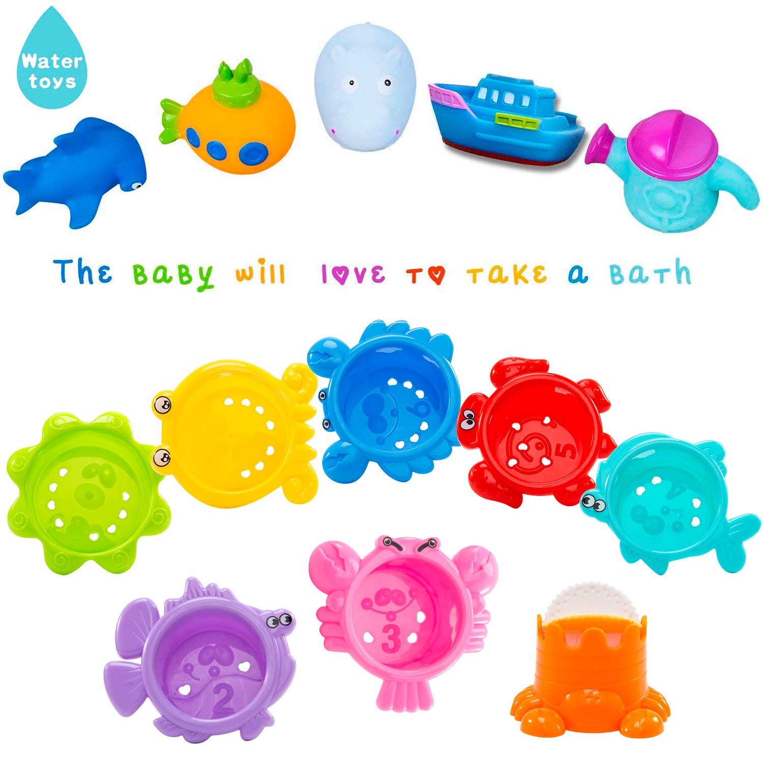 INNOCHEER Baby Bath Toys for Toddlers, Water Table Toys with Mold Free Stacking Cups, Quick Dry Organizer Net, 13 Pcs Bathtub Game, Beach and Pool