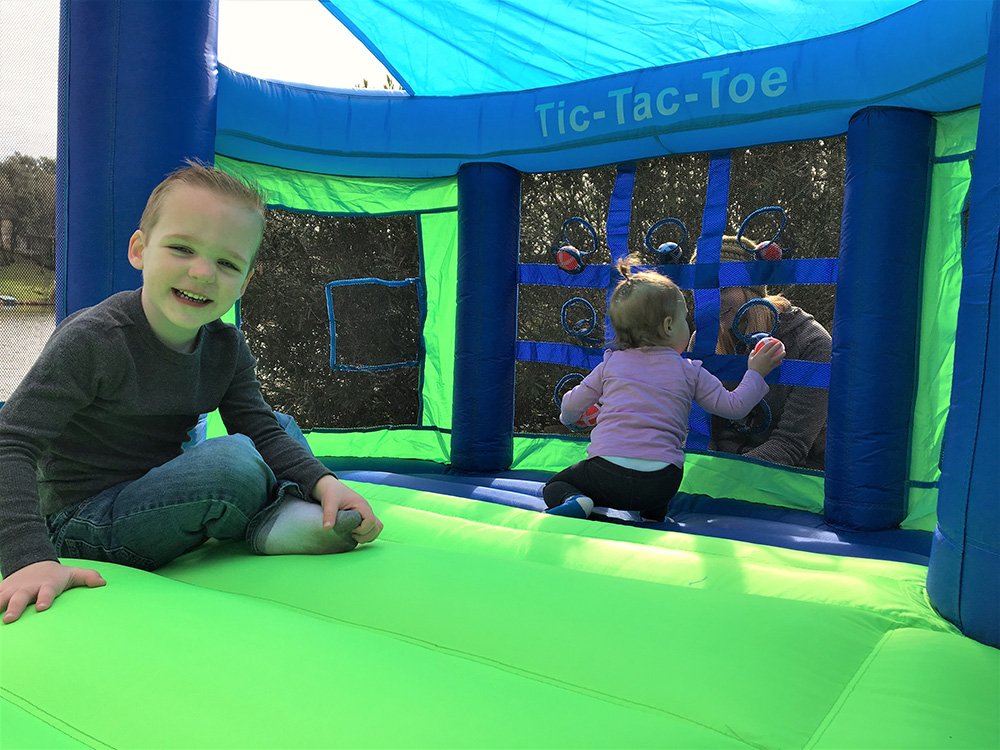 Island Hopper Shady Play Game Room with Shaded Canopy - Recreational Bounce House with Padded Floor Side Room, Basketball, Target Throw, tic-tac-Toe