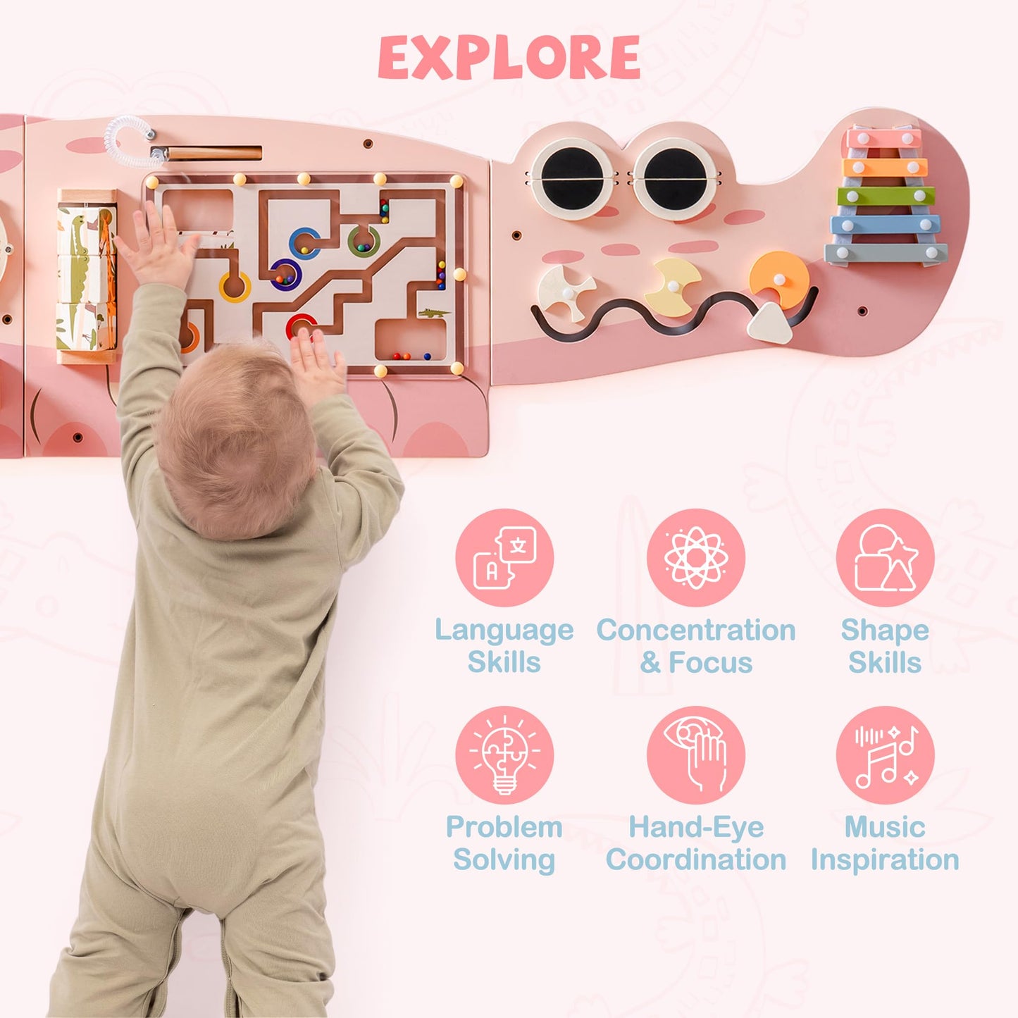 ROBOTIME Crocodile Busy Board Wall Panels for Toddlers, Pink Montessori Sensory Activity Board, Montessori Sensory Wall-Mounted Learning Center Toy