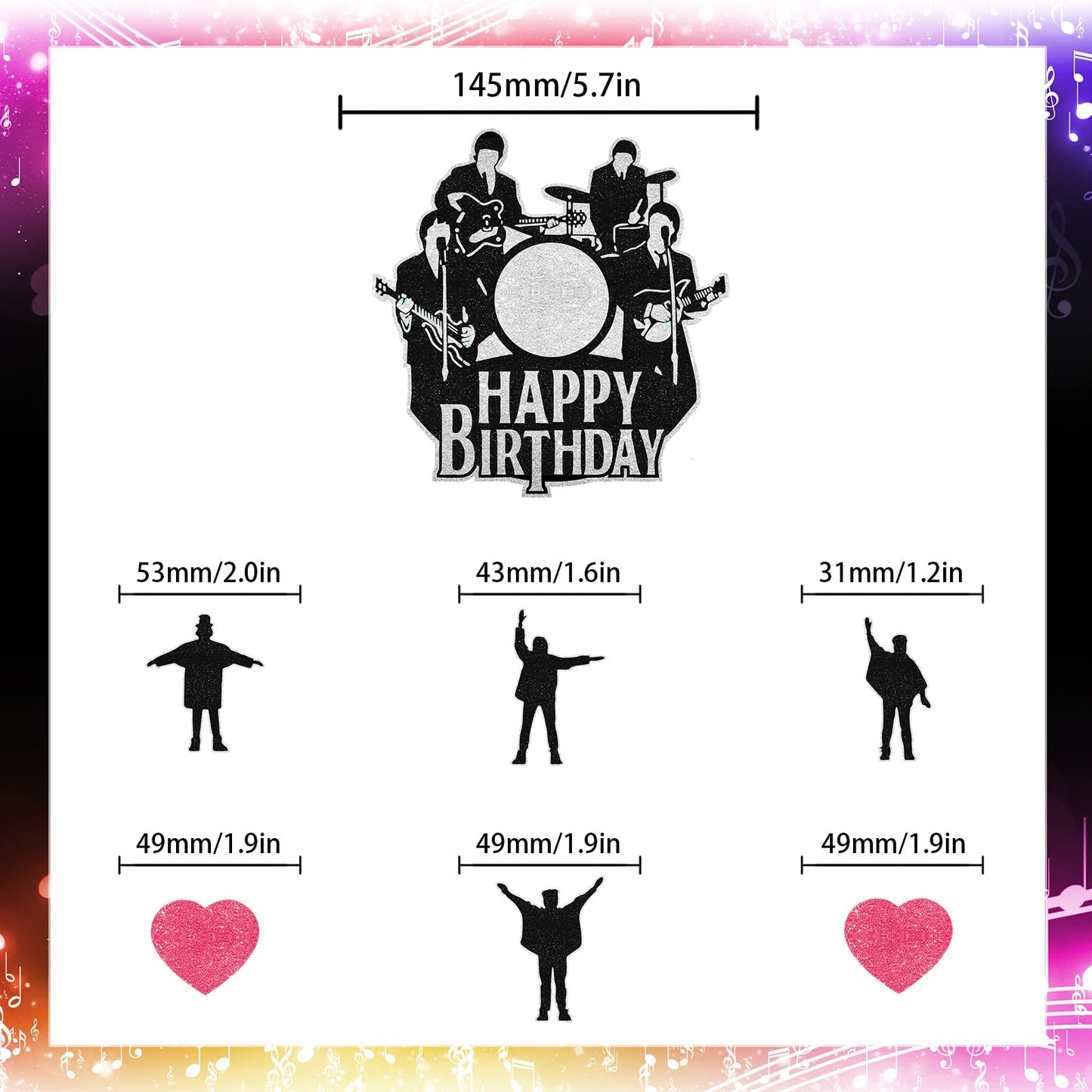 Rock Band Themed Happy Birthday Cake Toppers 7-Piece Set - 80s rock music themed party, birthday party, concert party decorations that both boys