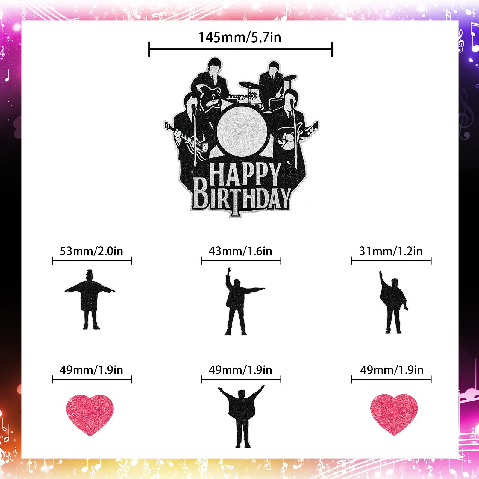 Rock Band Themed Happy Birthday Cake Toppers 7-Piece Set - 80s rock music themed party, birthday party, concert party decorations that both boys