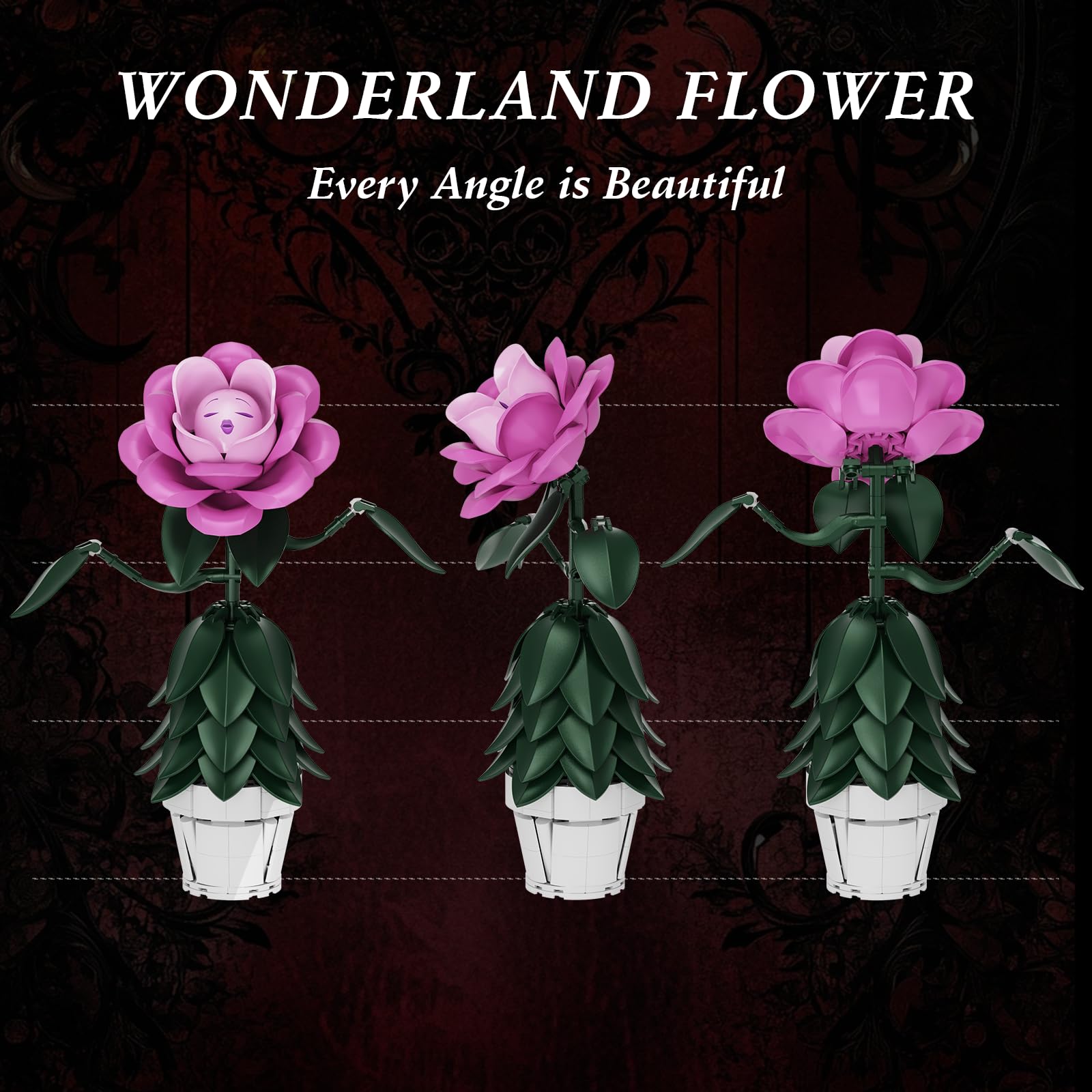 Wonderland Flower Building Sets Compatible with Lego Flowers Botanicals for Adults, Girls, Women and Fans - Pink Rose Flower Gifts for Mothers Day