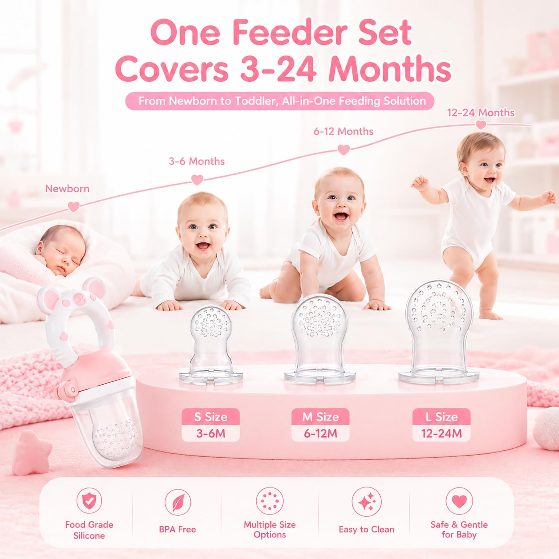 JOCHEBED Baby Fruit Food Feeder Pacifier, Silicone Teething Relief Toy, 2-Pack with 6 BPA-Free Pouches, Light Pink, 3-24 Months