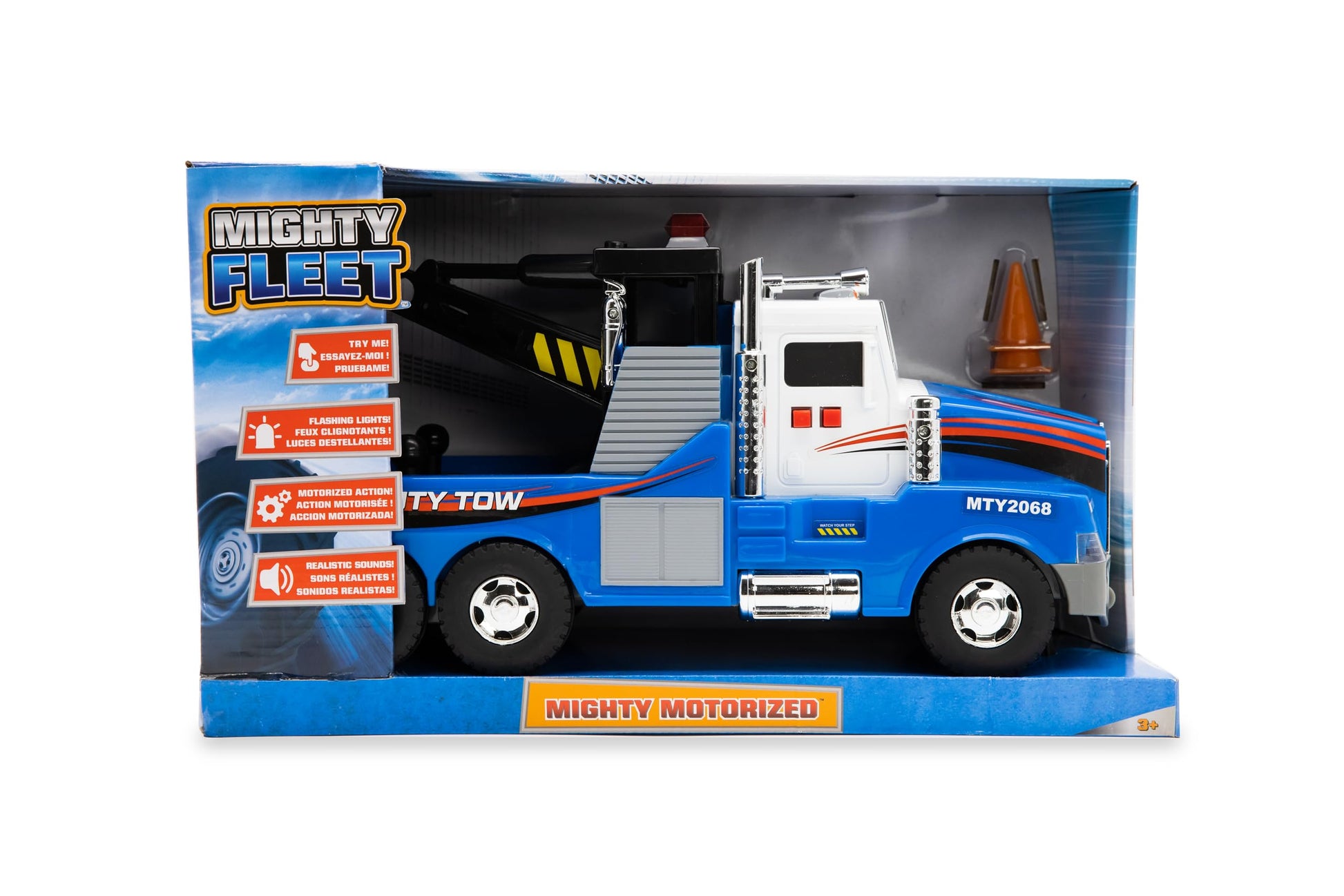 Mighty Fleet Mighty Motorized Tow Truck Toy - 15" Vehicle with Lights, Sounds, Working Winch & Traffic Cones - Batteries Included - Ages 3+