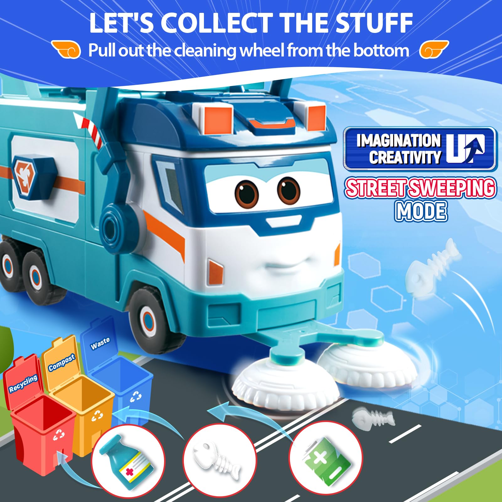 Super Wings Garbage Truck, Large Trash Marc and Cleaning Helicopter Shine Recycling Dump Play Set, Vehicle Learning Toys Set, Street Sweeper Cars Toys