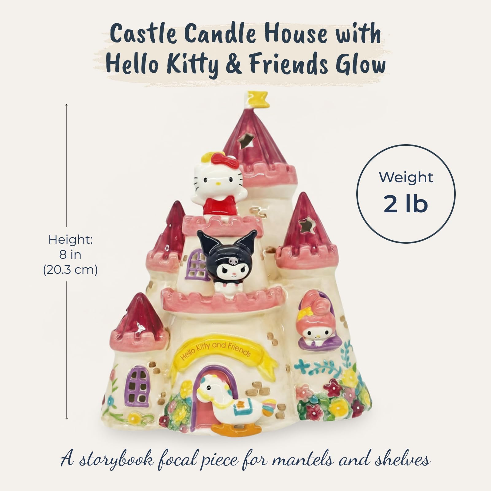 Blue Sky Clayworks Hello Kitty & Friends Castle Candle House, Ceramic, 7" L x 6" W x 8" H, Fairytale Window Glow