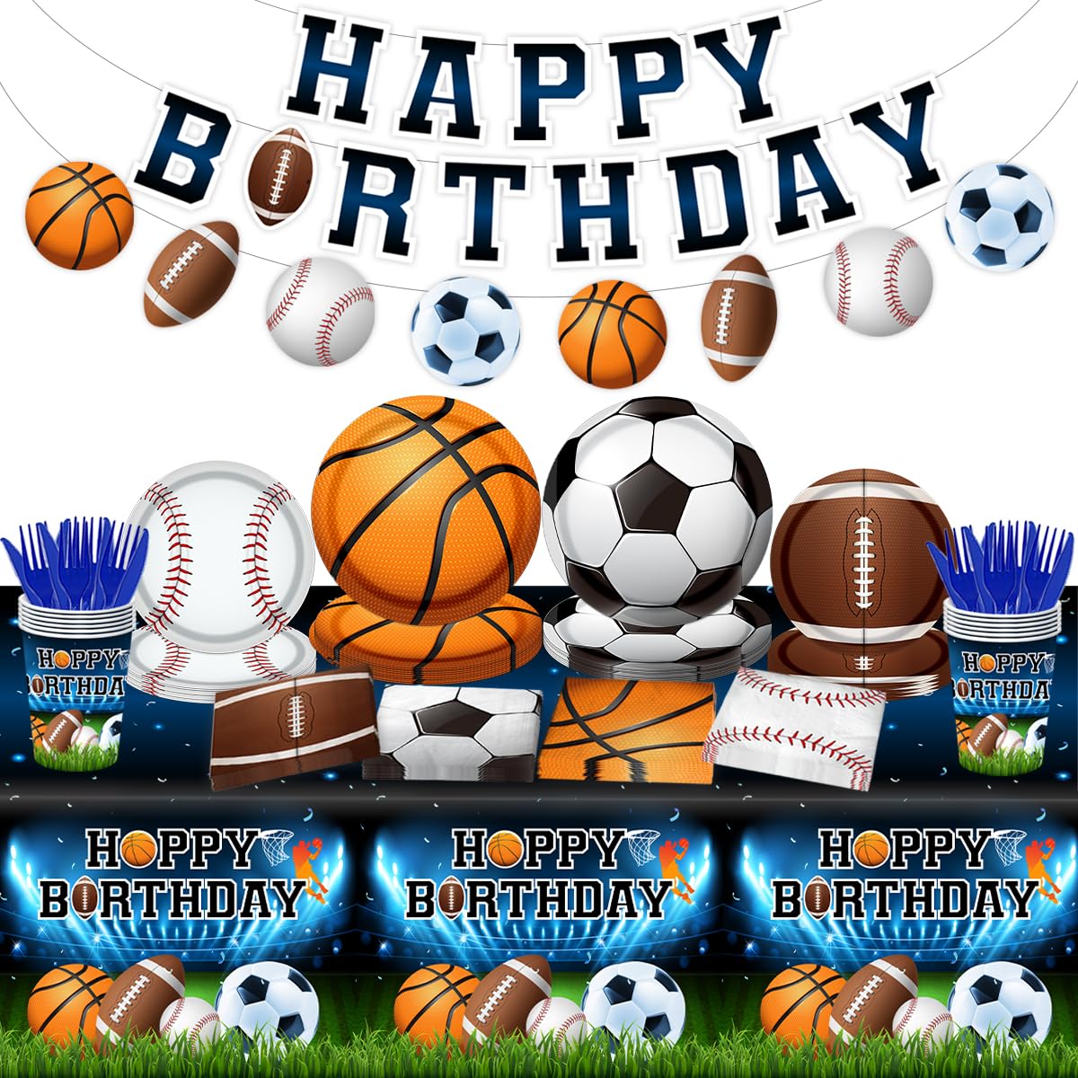 Sports Birthday Party Decorations-142Pcs Sports Theme Plates and Napkins Kit Basketball Football Baseball Soccer Tableware Serves 20 Guests