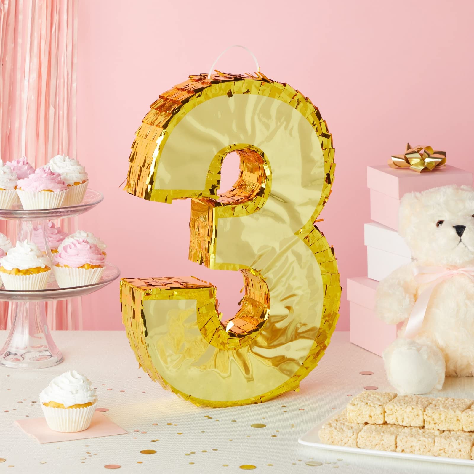 Juvale Gold Foil Number 3 Pinata - Spacious Candy & Toy Holder Birthday Pinata - Hangable Party Decor - 11.1 x 2.9 x 16.1 in, Paper, Gold