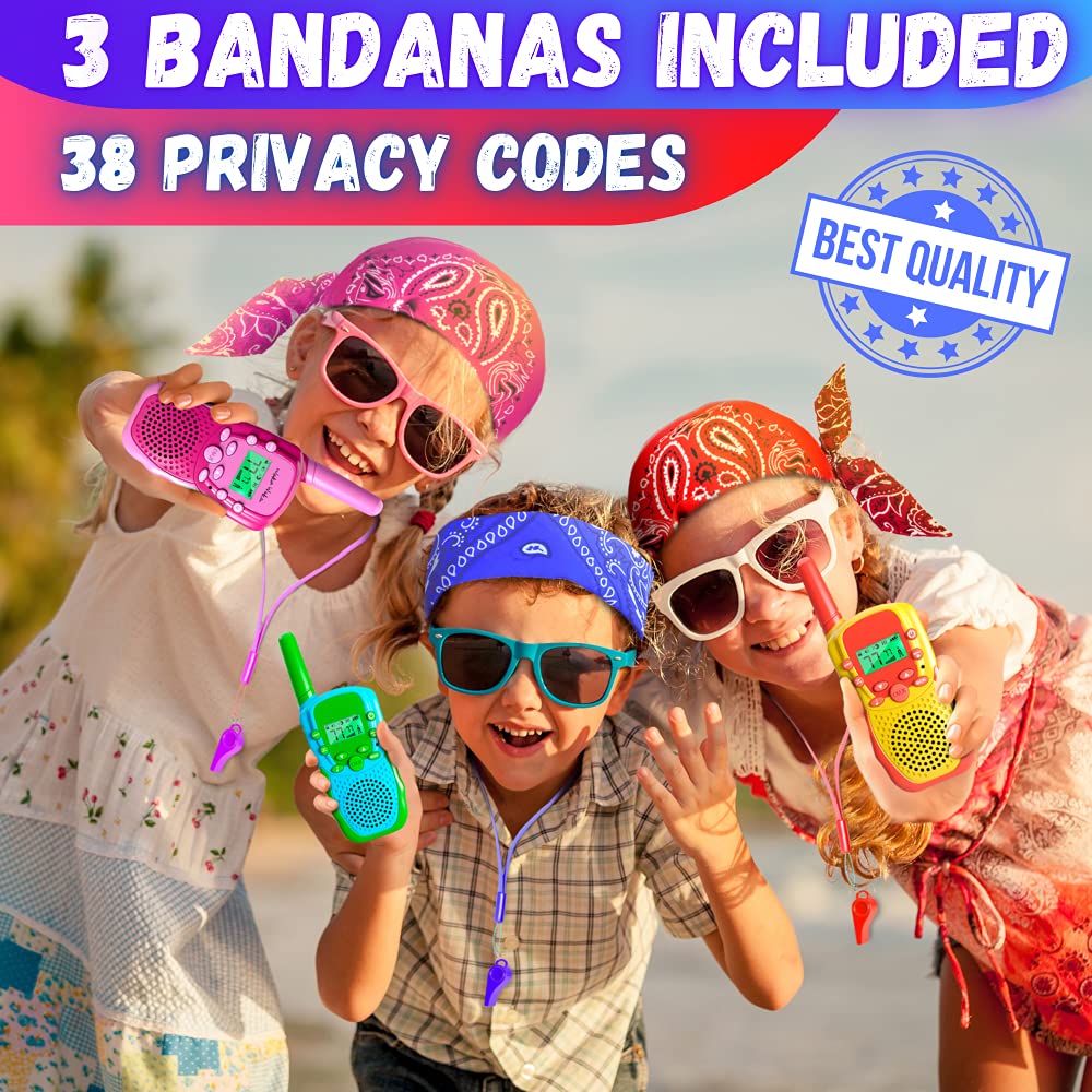 Waka Waka Walkie Talkies for Kids (3 Pack, Yellow, Red, Green) - Long Range Two-Way Walkie Talkie Set with Bandanas and Whistles Included - Great for