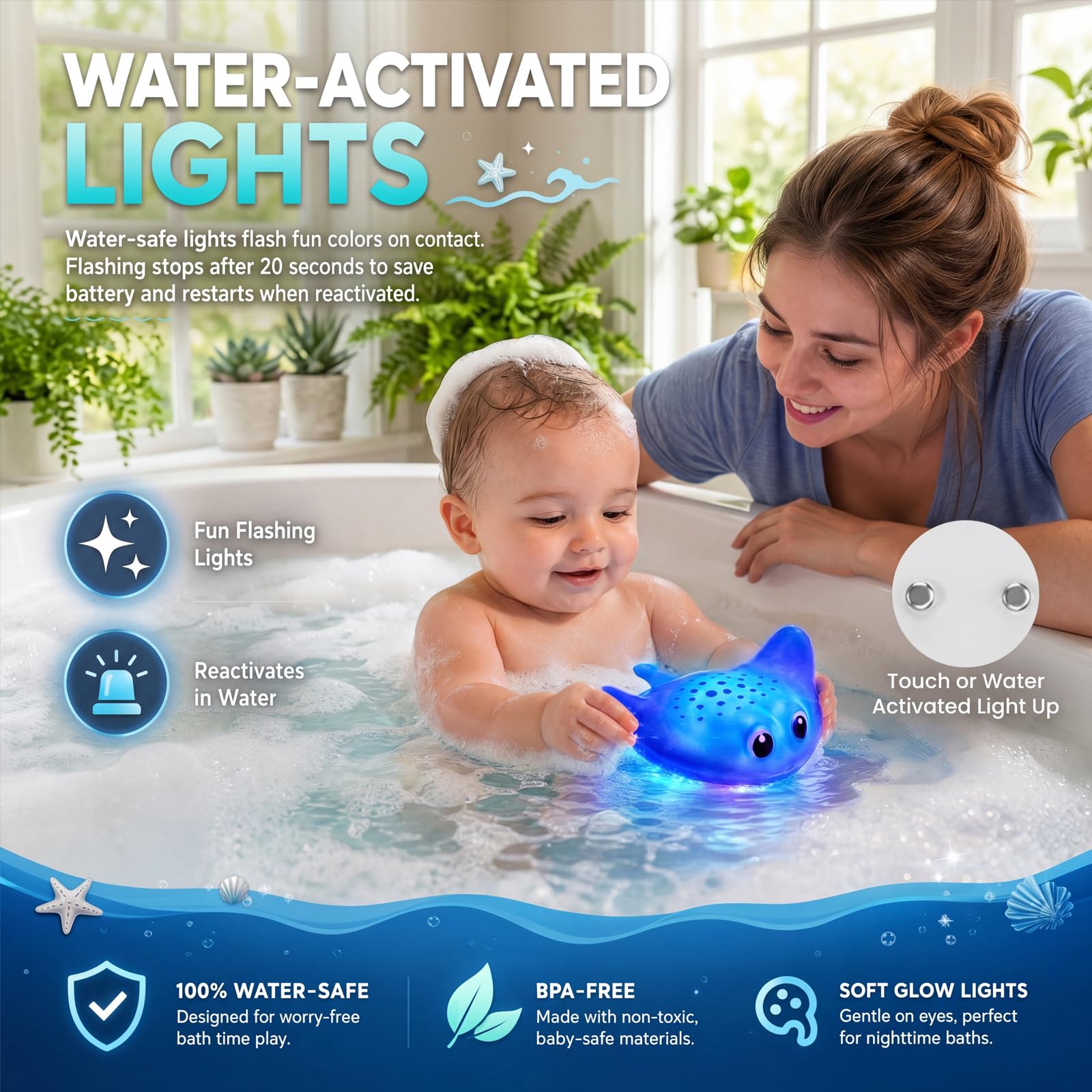 KODGEUSM Light Up Bath Toys,Mold Free No Hole Baby Bath Toys for Toddlers,Water-Activated Lights Flashes and Change Color Ocean Animal,Sensory Toys