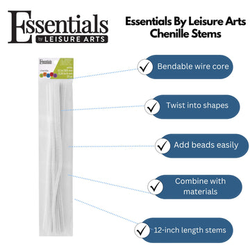 Essentials By Leisure Arts Chenille Stems White, 12 Inch 6mm, Bendable Craft Pipe Cleaners for DIY Projects, Dolls, Animals, Ornaments,