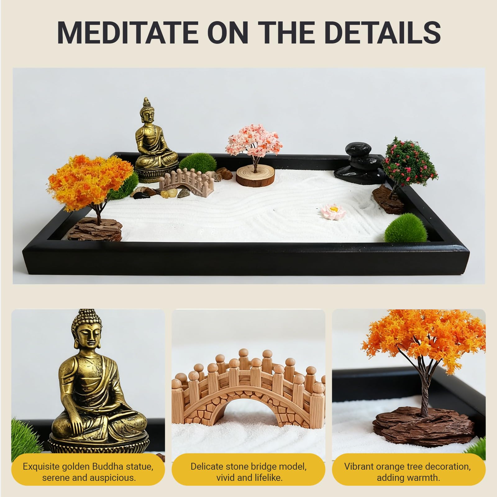 Zen Garden Kit for Desk -12.6" x 7.8" Japanese Zen Sand Garden Gift Set, Sand Tray Therapy Kit with 15 Accessories for Home,Office Desk＆Meditation