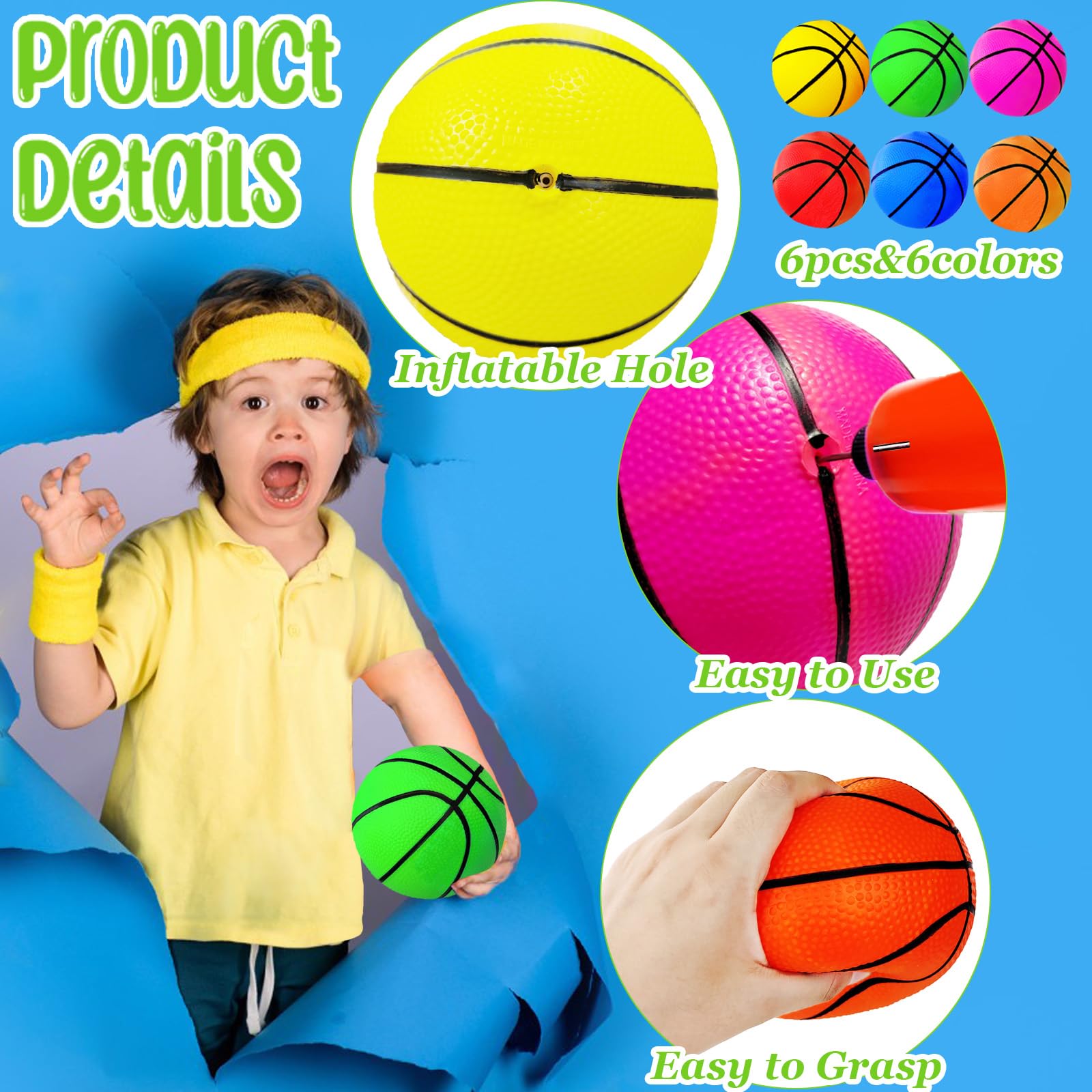6Pcs 5Inch Mini Toy Basketballs,Colorful Rubber Inflatable Basketball with Pump for Toddlers Kids Pool,Basketball Hoop,Beach Sports Game,Party Favor