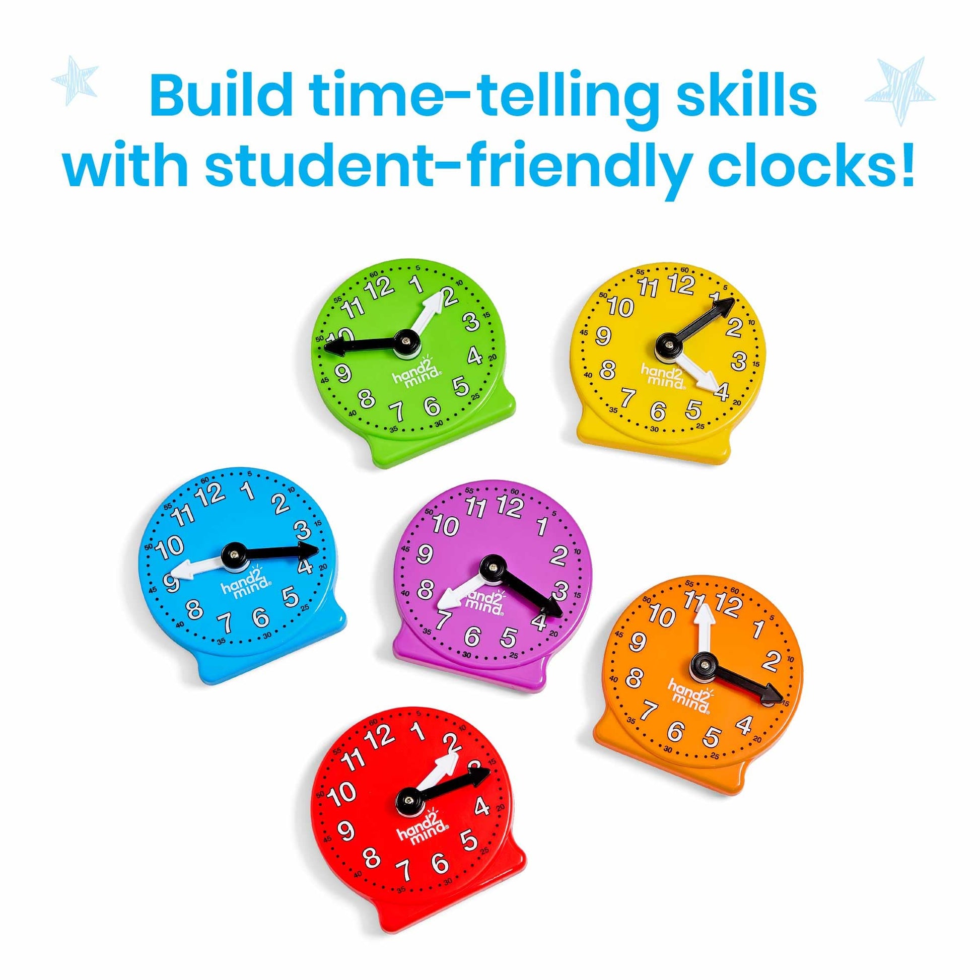 hand2mind Rainbow Geared Mini Learning Clock Set of 6, Analog Teaching Clocks for Kids, Movable Hands, Telling Time Math Manipulatives, Classroom