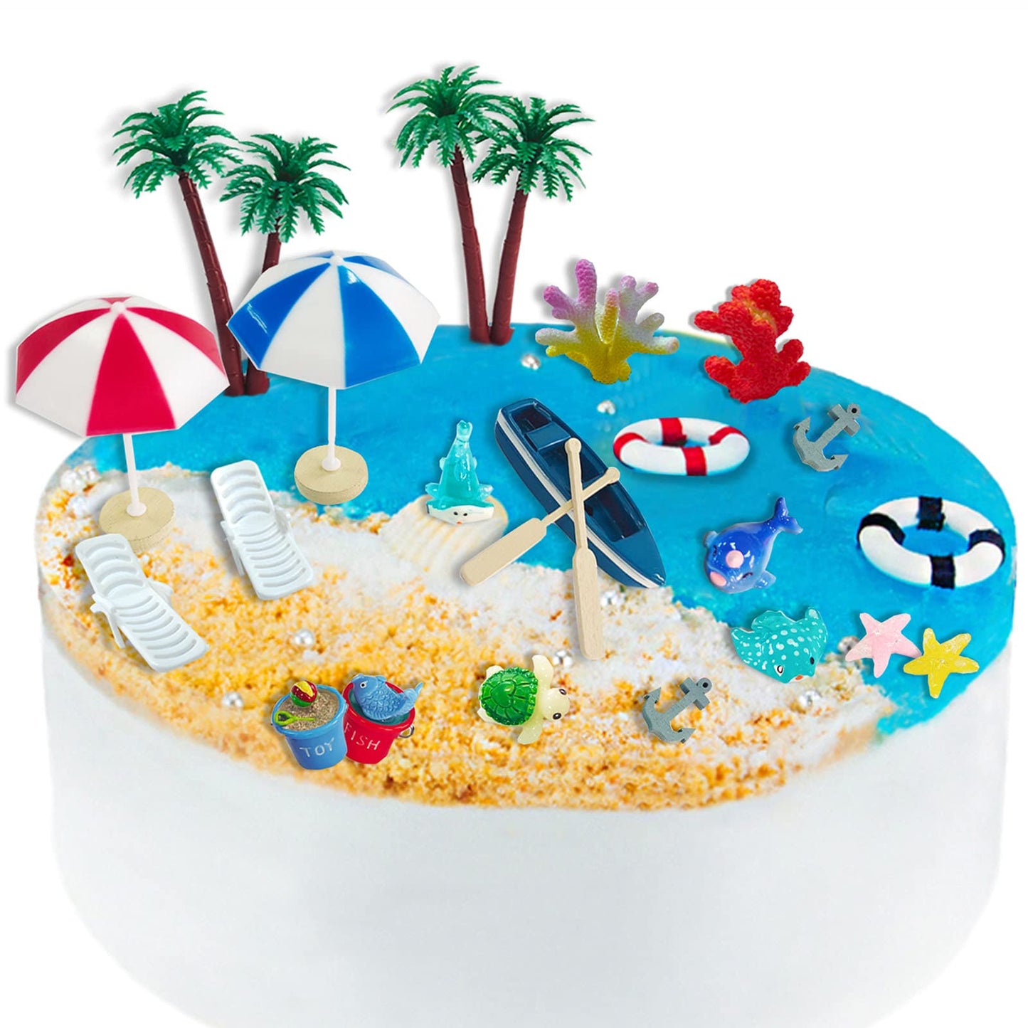 21 Pieces Beach Cake Toppers Hawaiian Chair Boat Palm Tree Umbrella Dollhouse Decoration Miniature Ornament Kits Set for Swimming Pool Summer Beach