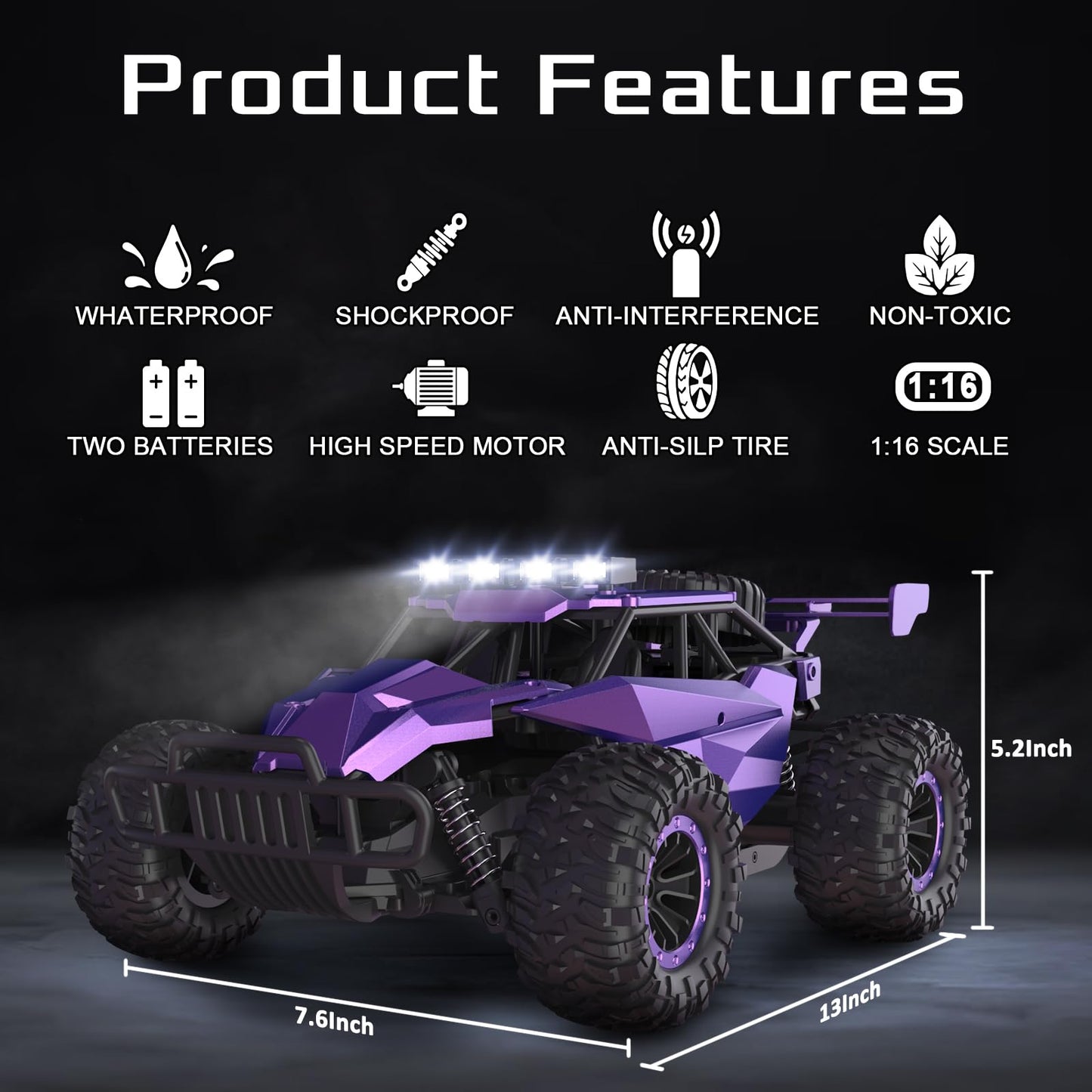 LARVEY 1:16 Scale Purple Remote Control Car, 20 Km/h High Speed Girls Remote Control Car Monster Vehicle with LED Headlights and Chassis Lights, RC