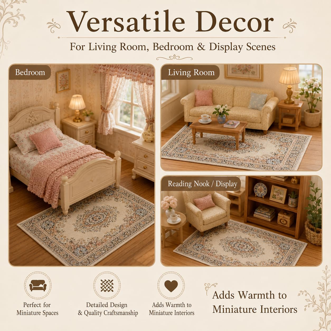 1/12 Scale Miniature Silk Woven Rug, 10 x 15cm Home Decor Accessory