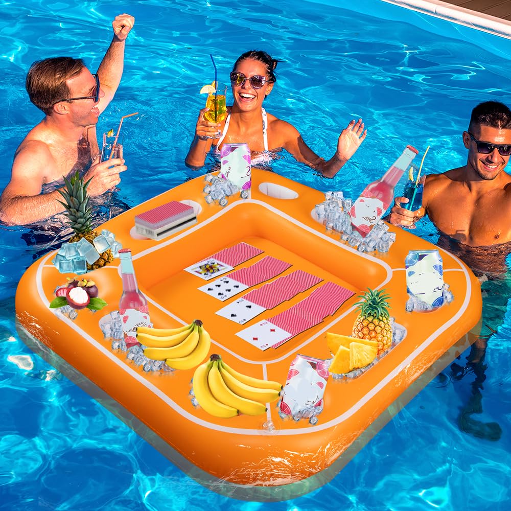 Floating Table for Pool Game with Waterproof Playing Cards, Inflatable Pool Party Tray Float for Drink Snack Holder, Floating Card Game Table, Pool