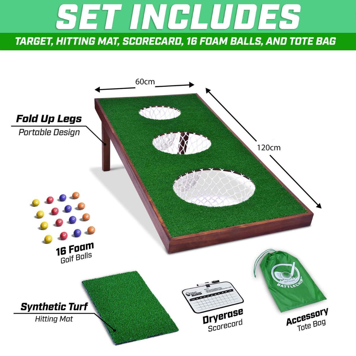 GoSports BattleChip PRO Golf Cornhole Game - Includes 4 ft x 2 ft Chipping Target, 16 Foam Balls, Hitting Mat, and Scorecard
