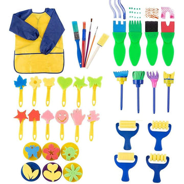 Imagine Studios Paint Brush Art Kit for Kids - 36-Piece, Transparent Foam - Foam Brushes, Rollers & Stamps Painting Set with Apron for Crafts & Art