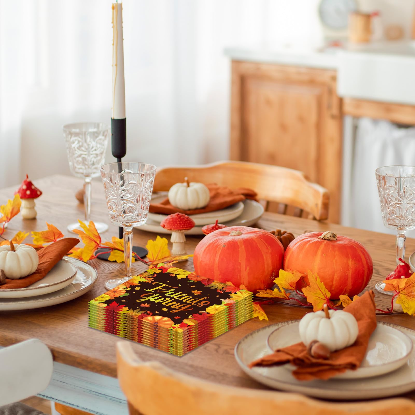 100Pcs Thanksgiving Napkins Fall Disposable Paper Napkins,Fall FriendsGiving Theme with Autumn Leaves & Pumpkins Print, Party Tableware