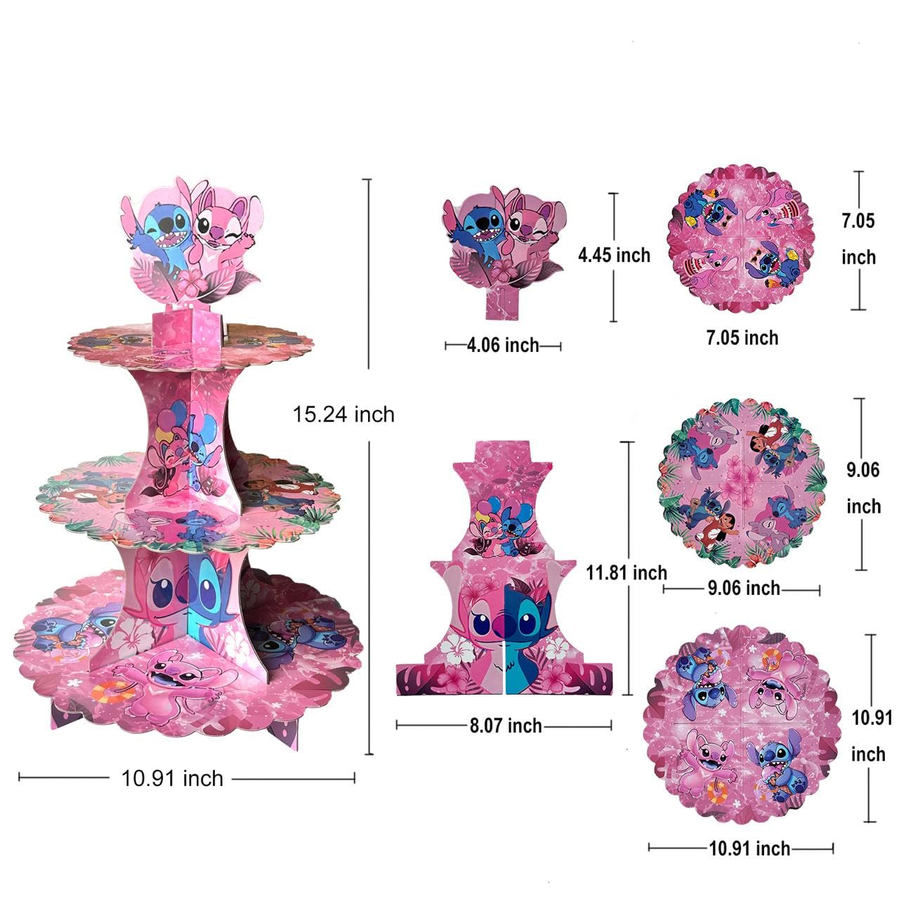 Stitch Cupcake Stand 3-Tier Pink with 24 Stitch Cupcake Toppers - Hawaiian Aloha Luau Birthday Party Decorations for Kids, Stitch Party Supplies