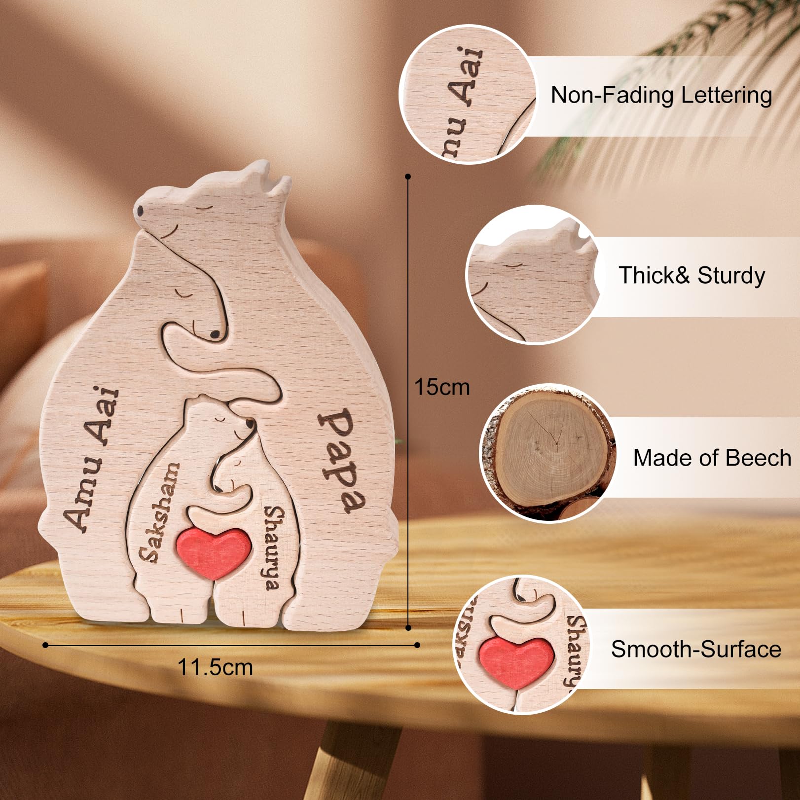 Personalized Wooden Bear Puzzle Family Name Sculpture Wooden Decor Gift