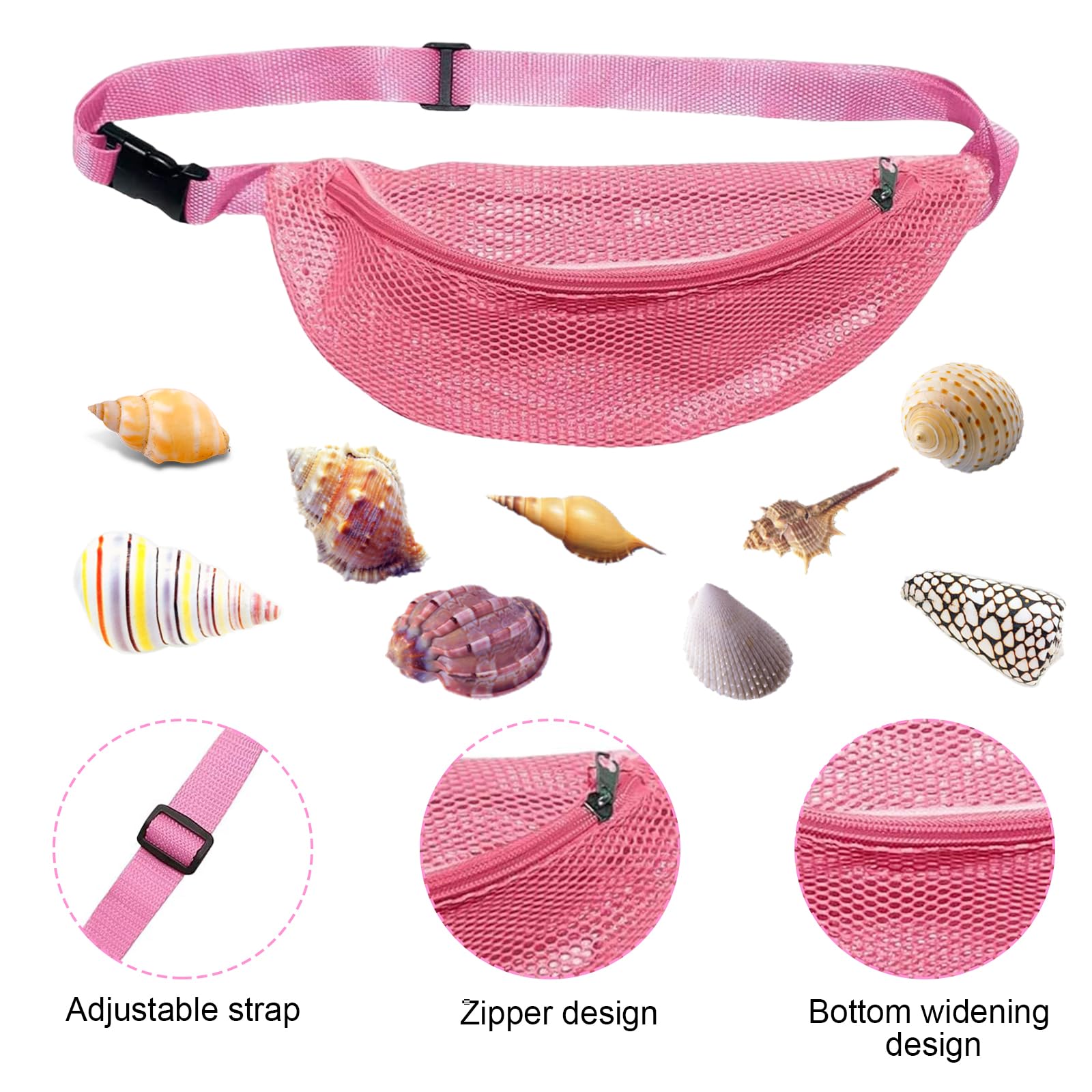 Mesh Beach Bag for kids, Shell Bags for Beach, Fanny Pack Shell Bags for picking up shells for adults with Adjustable Straps for Collecting Seashells