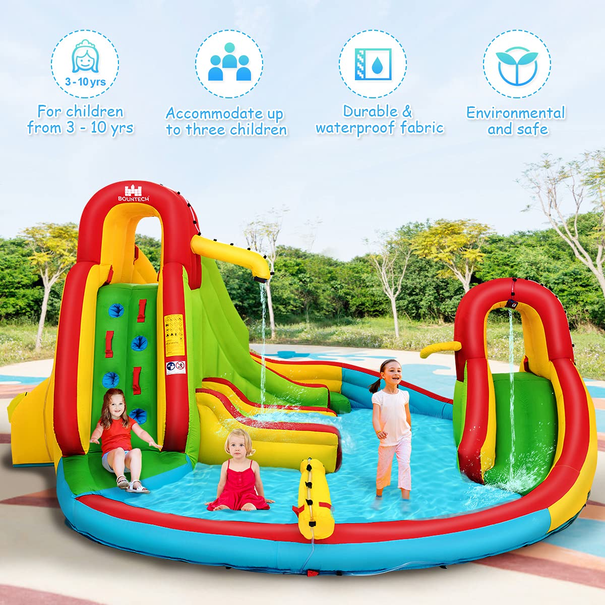 GLACER Inflatable Bounce House w/ 2 Slides, 2 Climbing Walls, Splash Pool, Water Cannon, Basketball Rim, Including Carrying Bag, Repair Kit, Water