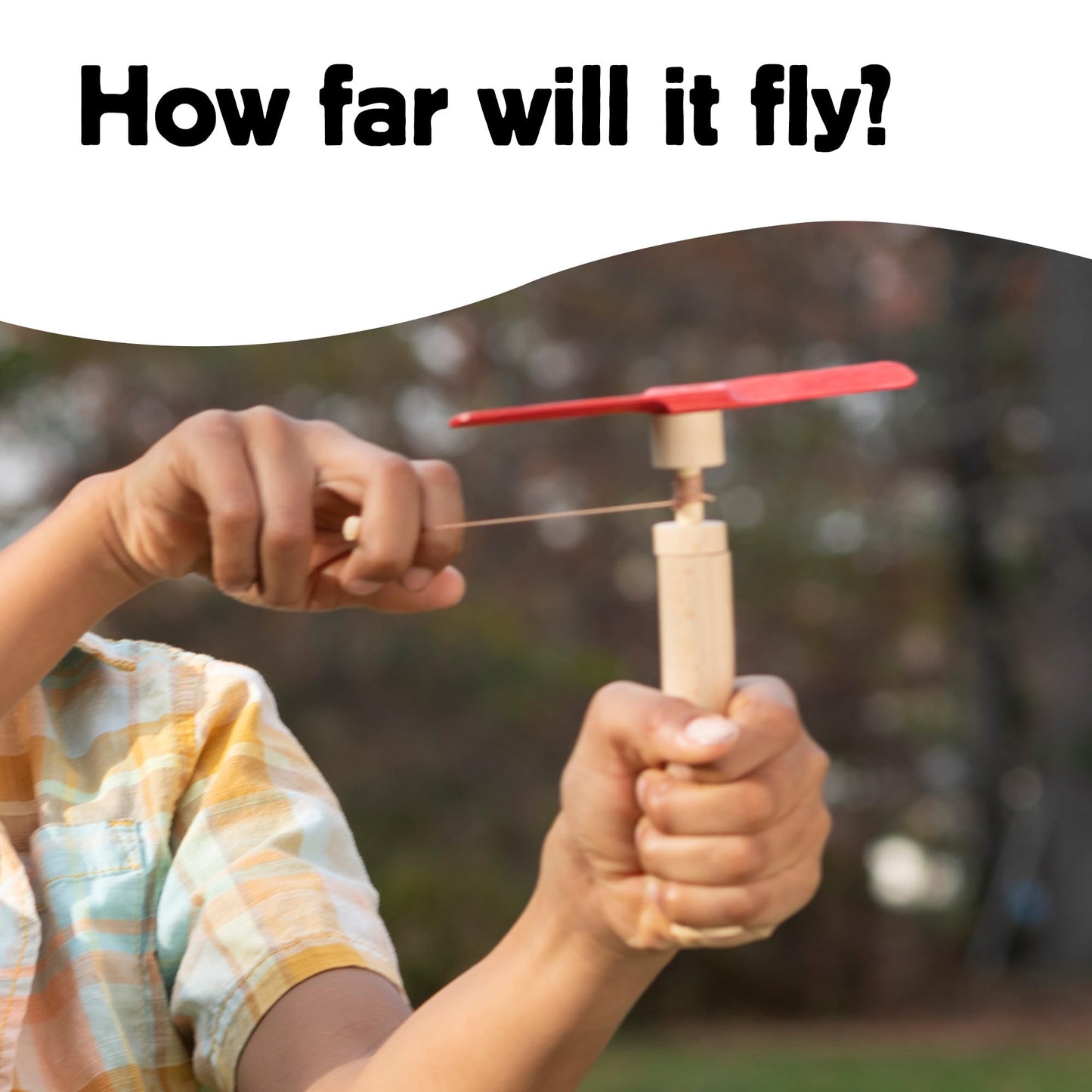 Kikkerland Huckleberry Pull Helicopter - Beechwood Flying Toy with Launcher for Outdoor Play