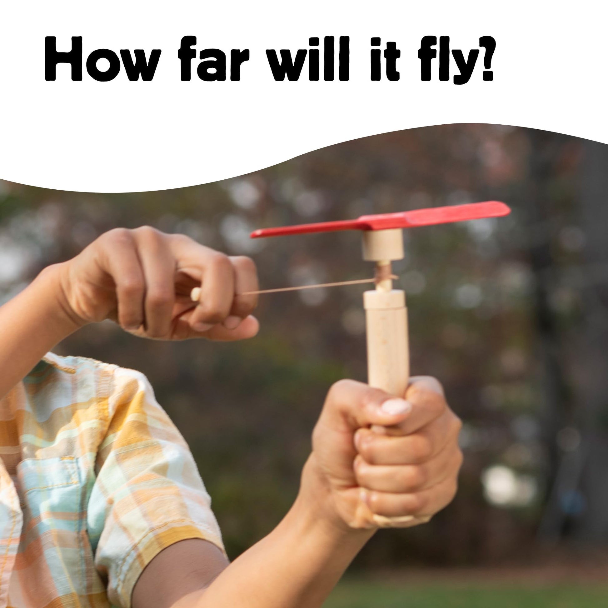 Kikkerland Huckleberry Pull Helicopter - Beechwood Flying Toy with Launcher for Outdoor Play