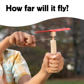 Kikkerland Huckleberry Pull Helicopter - Beechwood Flying Toy with Launcher for Outdoor Play