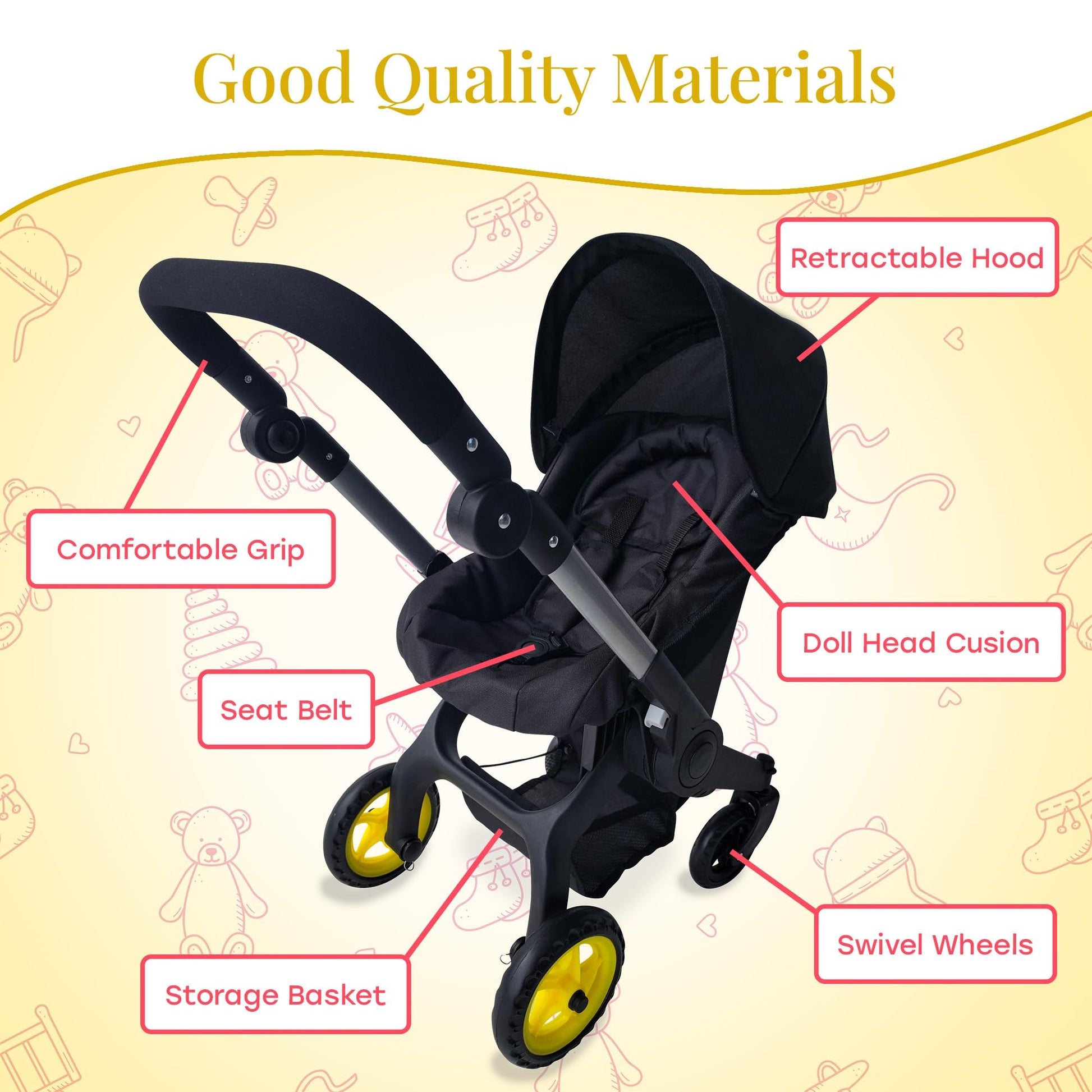 Baby Doll Car Seat Stroller Combo - Convertible 2 in 1 Doll Stroller and Car Seat for Kids - Fits Up to 20” Dolls - Play Toy Baby Stroller