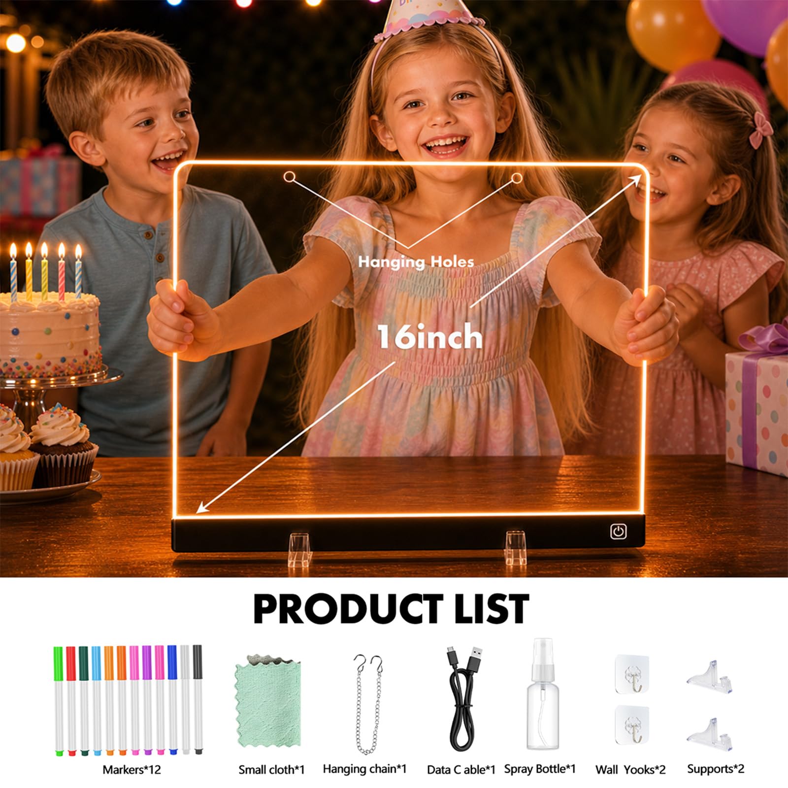 16" LED Light Up Drawing Board for Kids - Thickened Anti-Scratch Acrylic Glow Art Pad with 12 Markers - Neon Message Board & Night Light - Creative
