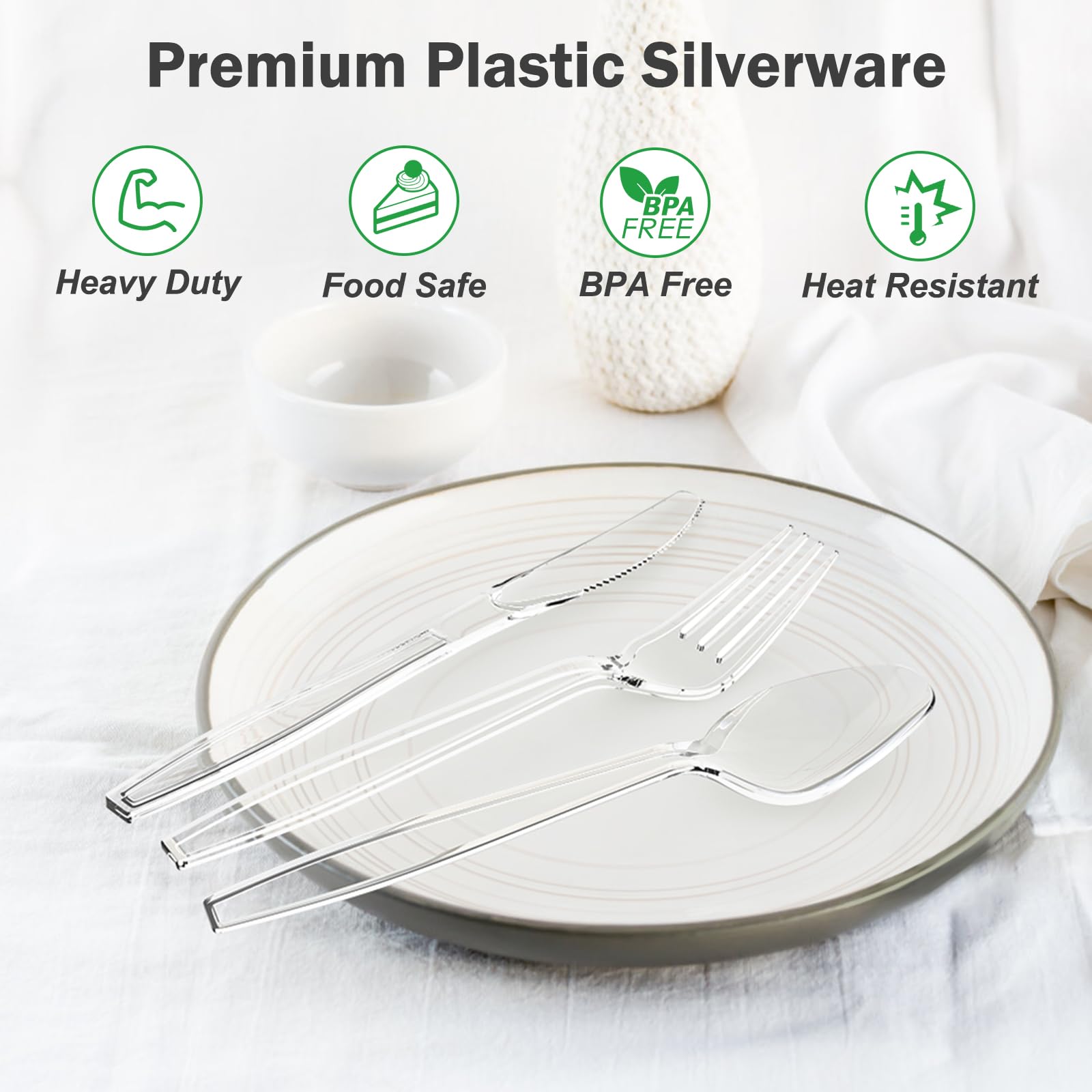 Dealusy 360 Count Extra Heavy Duty Clear Plastic Silverware, 150 Forks, 150 Spoons, 60 Knives, BPA-Free, Heat Resistant, Disposable Plastic Utensils