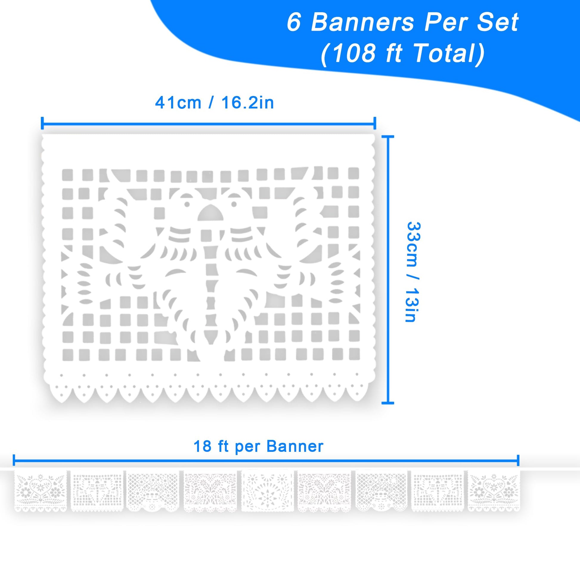White Papel Picado Banner - 6 Packs 108Ft Plastic Mexican Wedding Decor, Fiesta Party Decorations for Cinco de Mayo, Baby Shower, Dia de Los Muertos