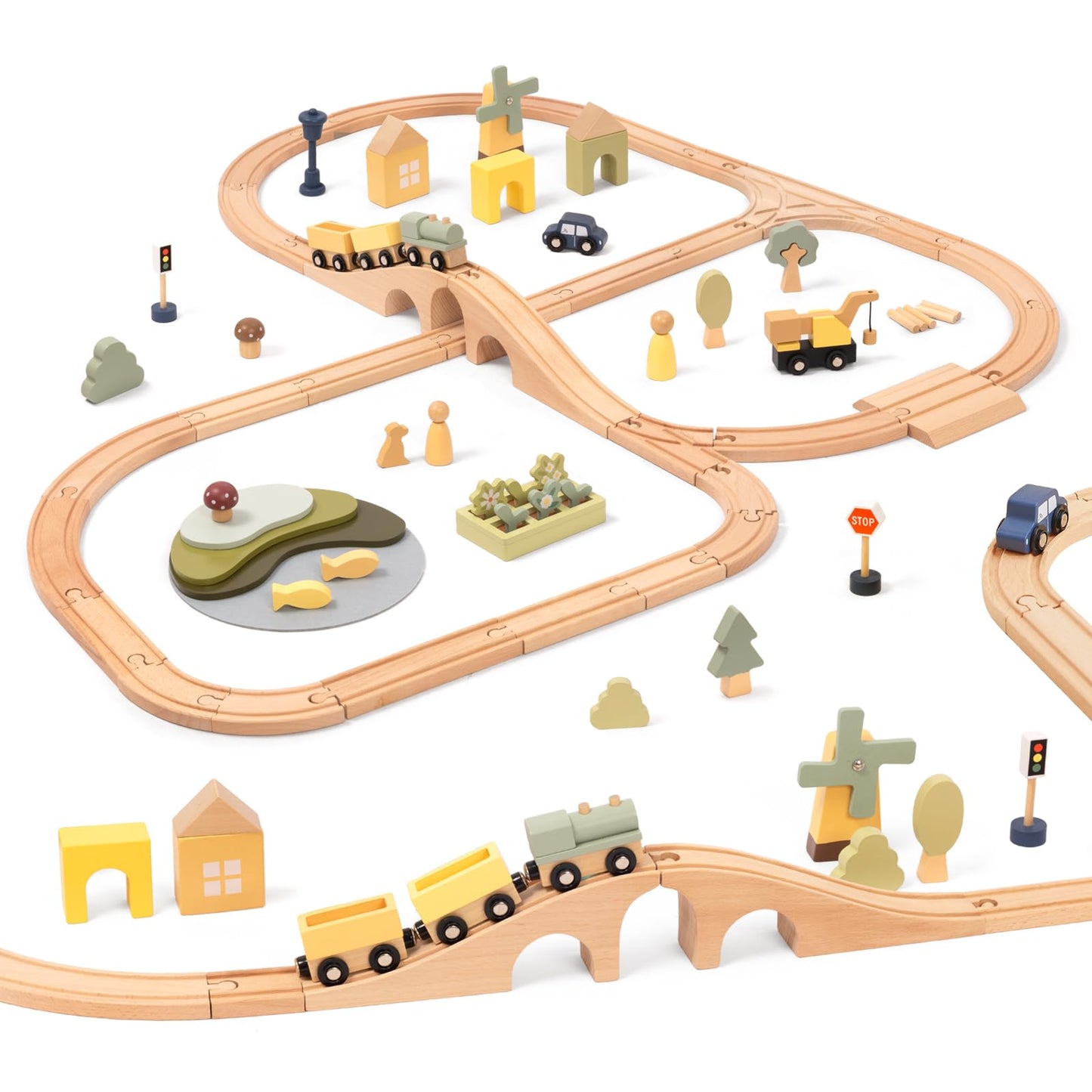 OOOK Multi-Scenario Wooden Train Set,All Wood Accessories Train Set for Toddlers 3 Years Old, Multi-Scenario Train Toy for 3 4 5 Years Old Girls