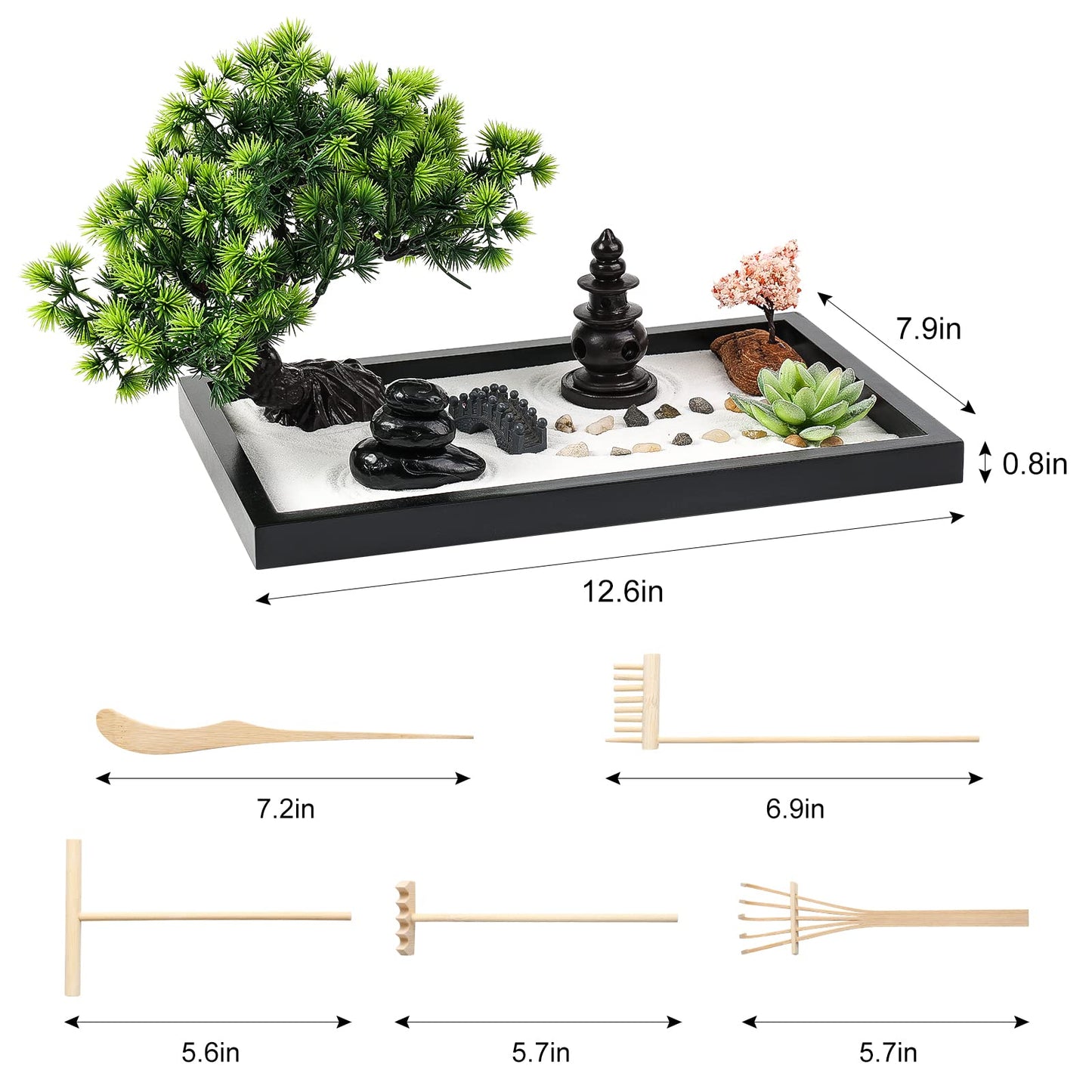Zen Garden Kit for Desk Decor - Premium Beautiful Japanese Mini Sand Box Set Home, Office with Black Wooden Tray, White Sand, Rake Tools Desktop