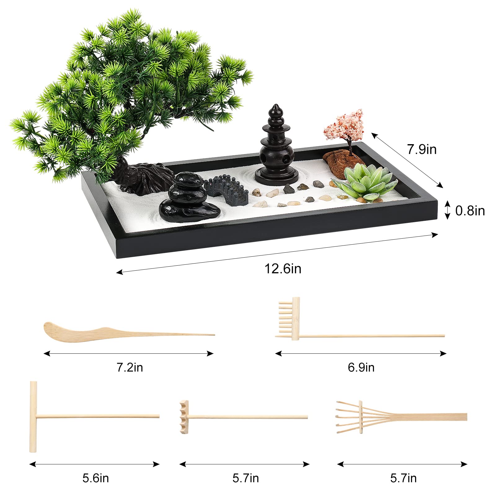 Zen Garden Kit for Desk Decor - Premium Beautiful Japanese Mini Sand Box Set Home, Office with Black Wooden Tray, White Sand, Rake Tools Desktop