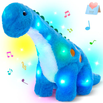 Houwsbaby 14" Blue Musical LED Dinosaur Stuffed Animal Floppy Diplodocus Plush Toy Singing Light Up Adorable Long Neck Lullaby Animated Soothe Baby